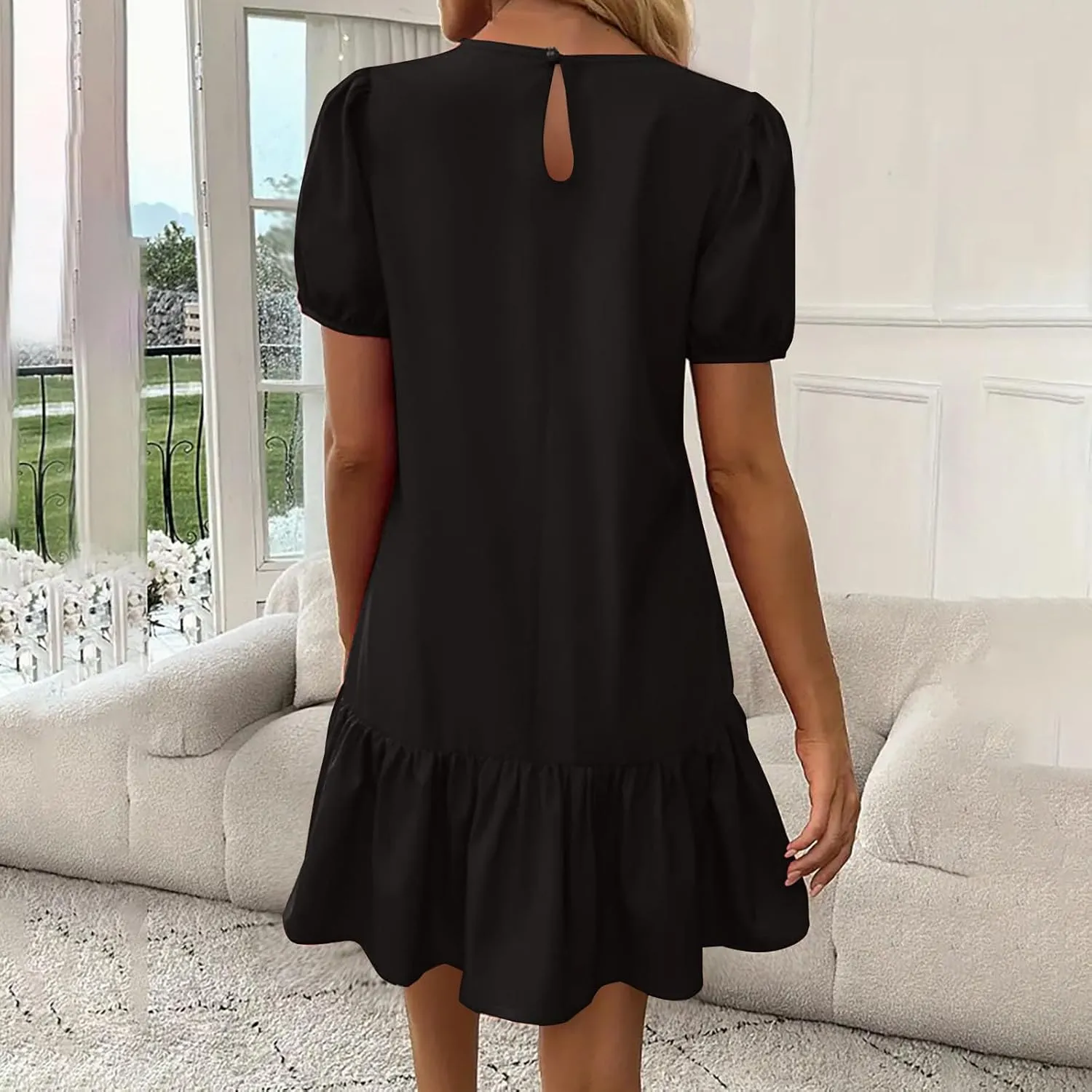 Summer Tshirt Dress for Women Puff Short Sleeve Ruffle Hem Flowy Tunic Mini Dresses Casual Vacation Babydoll Outfits