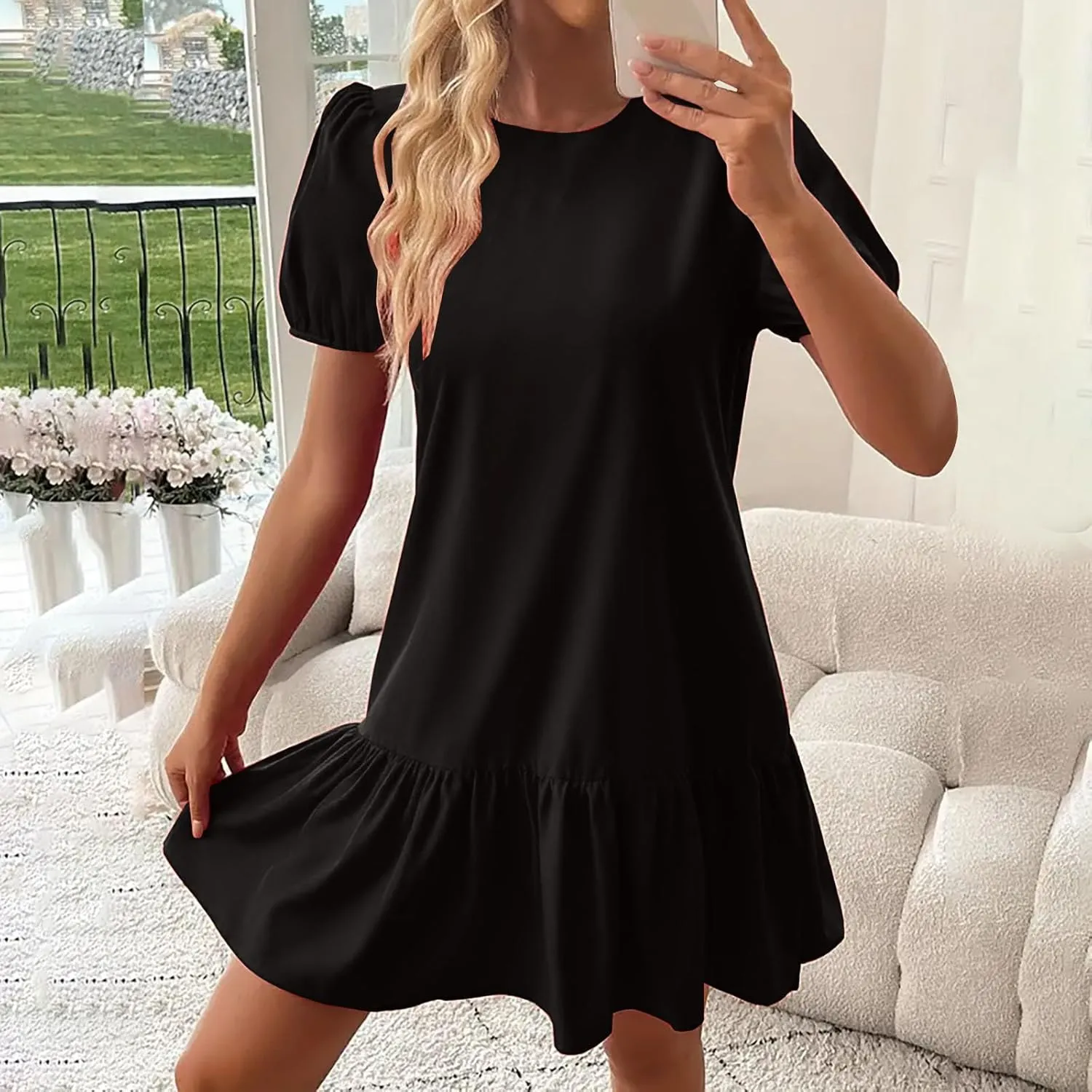 Summer Tshirt Dress for Women Puff Short Sleeve Ruffle Hem Flowy Tunic Mini Dresses Casual Vacation Babydoll Outfits