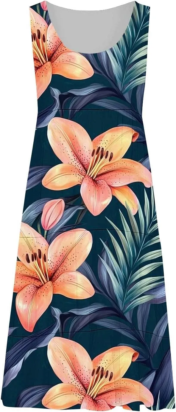 Sundresses for Women 2025 Floral Sleeveless Tank Mini Dress Boho Loose Fit A Line Ruffle Dress Loose Summer Sundress
