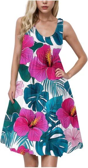 Sundresses for Women 2025 Floral Sleeveless Tank Mini Dress Boho Loose Fit A Line Ruffle Dress Loose Summer Sundress