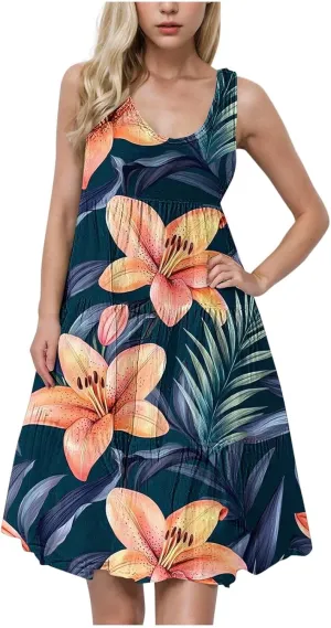 Sundresses for Women 2025 Floral Sleeveless Tank Mini Dress Boho Loose Fit A Line Ruffle Dress Loose Summer Sundress