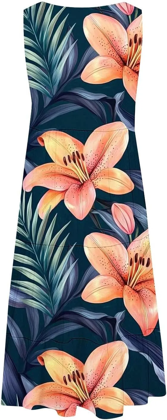 Sundresses for Women 2025 Floral Sleeveless Tank Mini Dress Boho Loose Fit A Line Ruffle Dress Loose Summer Sundress