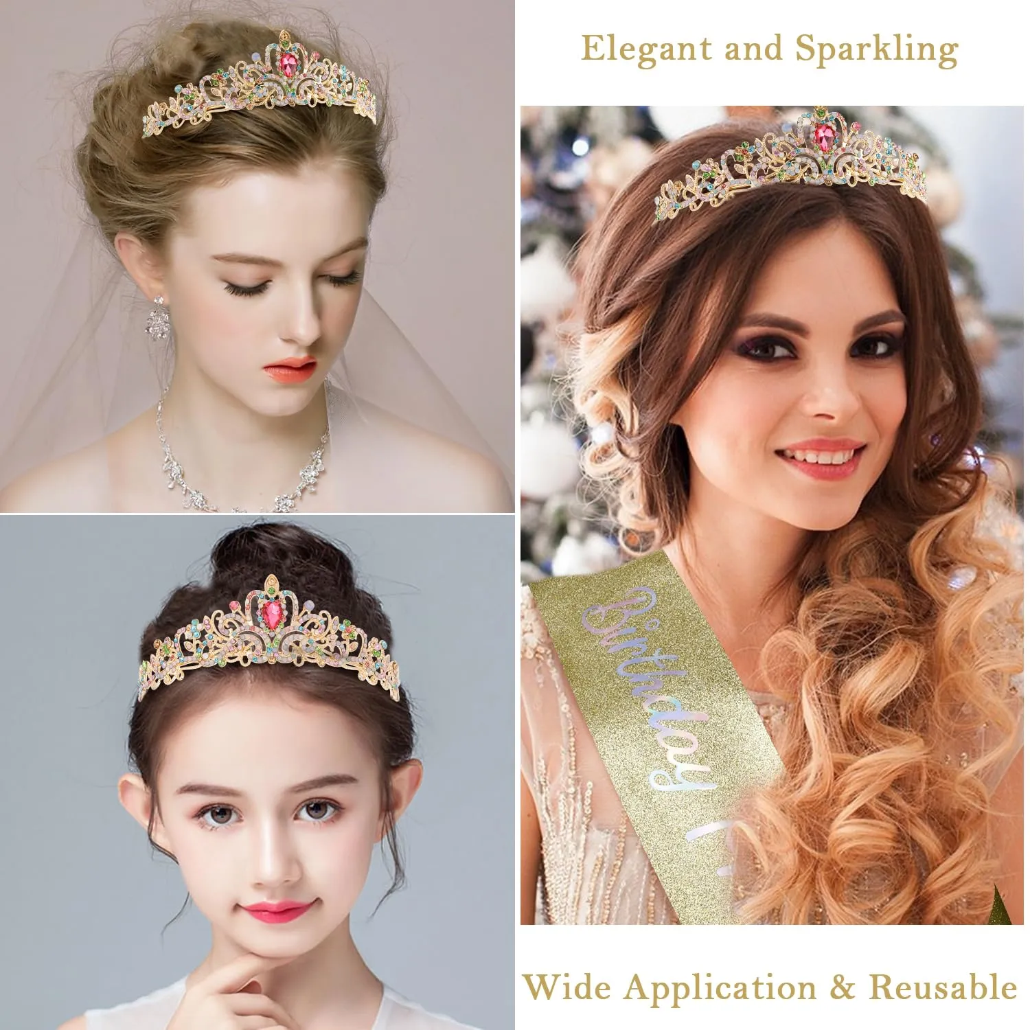 SuPoo Birthday Princess Sash and Crown for Women Birthday Girl Crown Birthday Tiara for Women Crystal Headband Happy Princess Birthday Party Decorations Gift