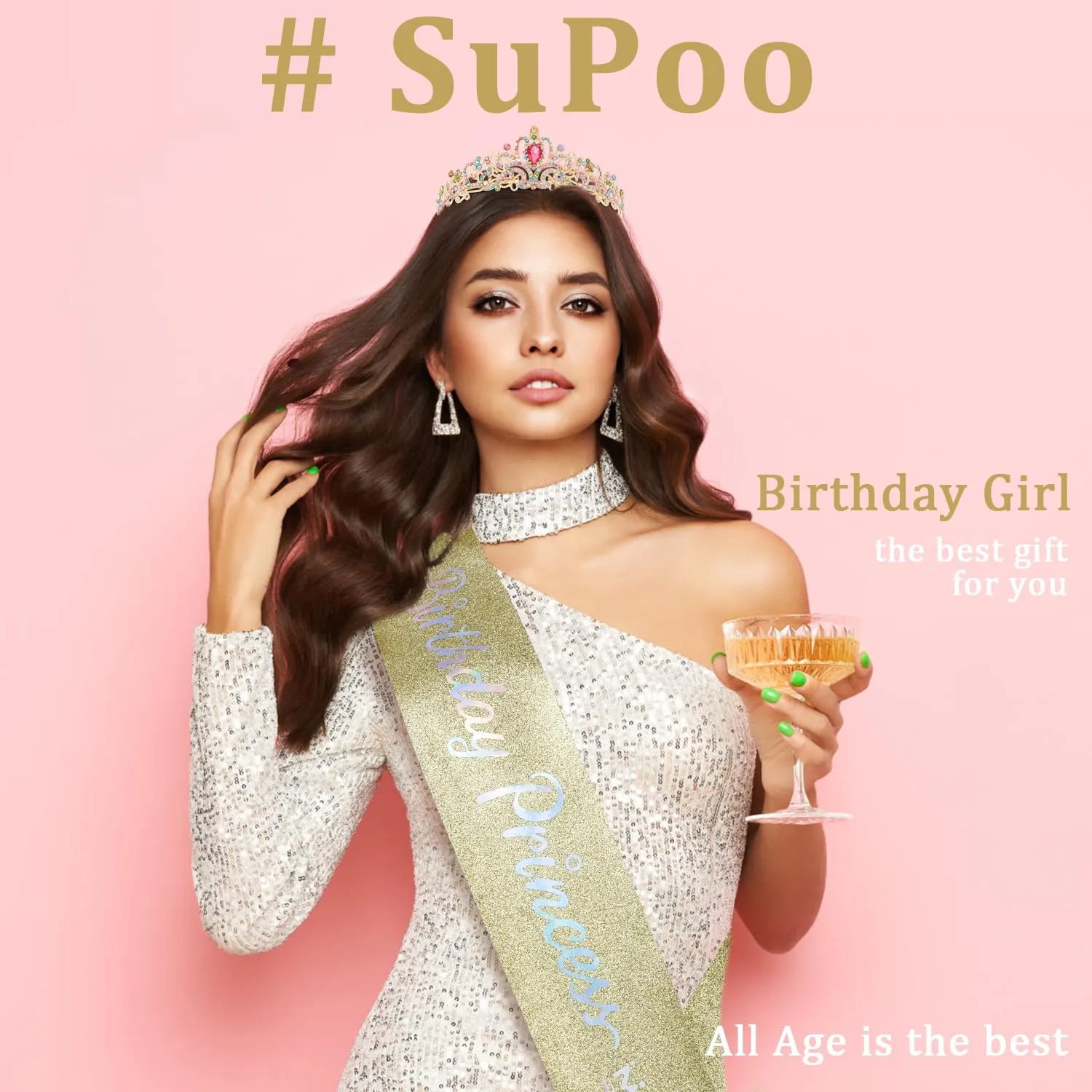 SuPoo Birthday Princess Sash and Crown for Women Birthday Girl Crown Birthday Tiara for Women Crystal Headband Happy Princess Birthday Party Decorations Gift