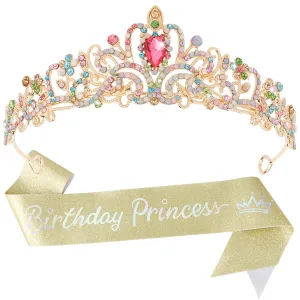 SuPoo Birthday Princess Sash and Crown for Women Birthday Girl Crown Birthday Tiara for Women Crystal Headband Happy Princess Birthday Party Decorations Gift