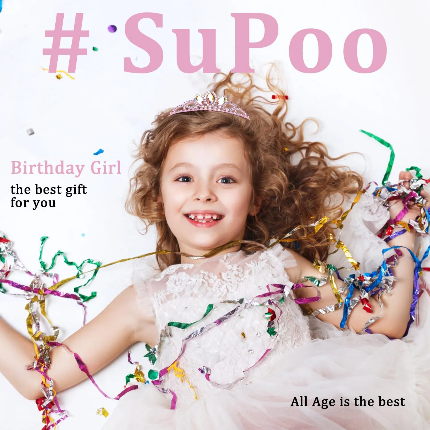 SuPoo Pink Birthday Tiara Crown for Girls - Crystal Rhinestone Princess Headband Accessory Gift