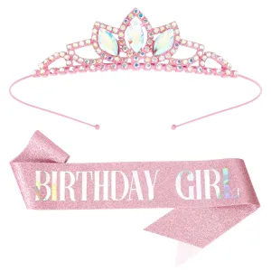 SuPoo Pink Birthday Tiara Crown for Girls - Crystal Rhinestone Princess Headband Accessory Gift