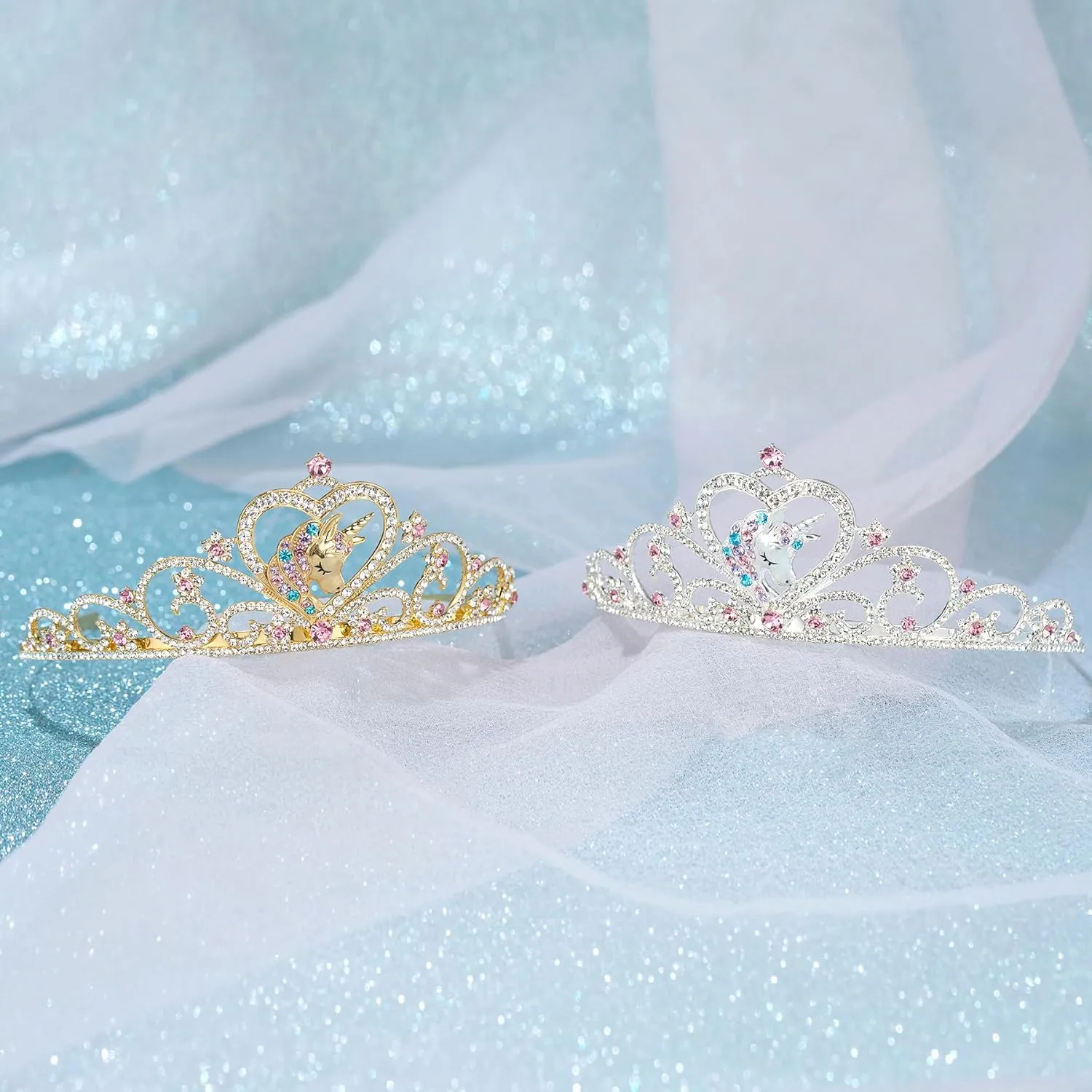 SWEETV Unicorn Princess Tiaras for Girls, Crystal Kids Crown Headband, Birthday Party Hats, Halloween Costume Hair Accessories