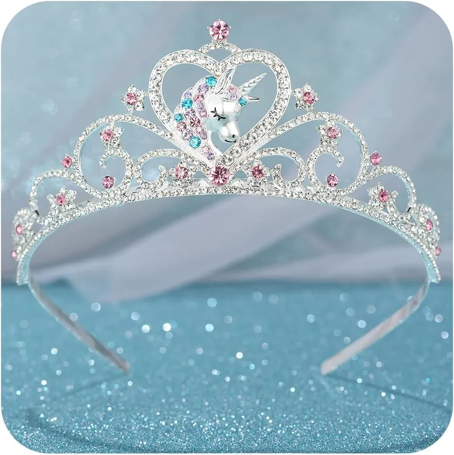 SWEETV Unicorn Princess Tiaras for Girls, Crystal Kids Crown Headband, Birthday Party Hats, Halloween Costume Hair Accessories