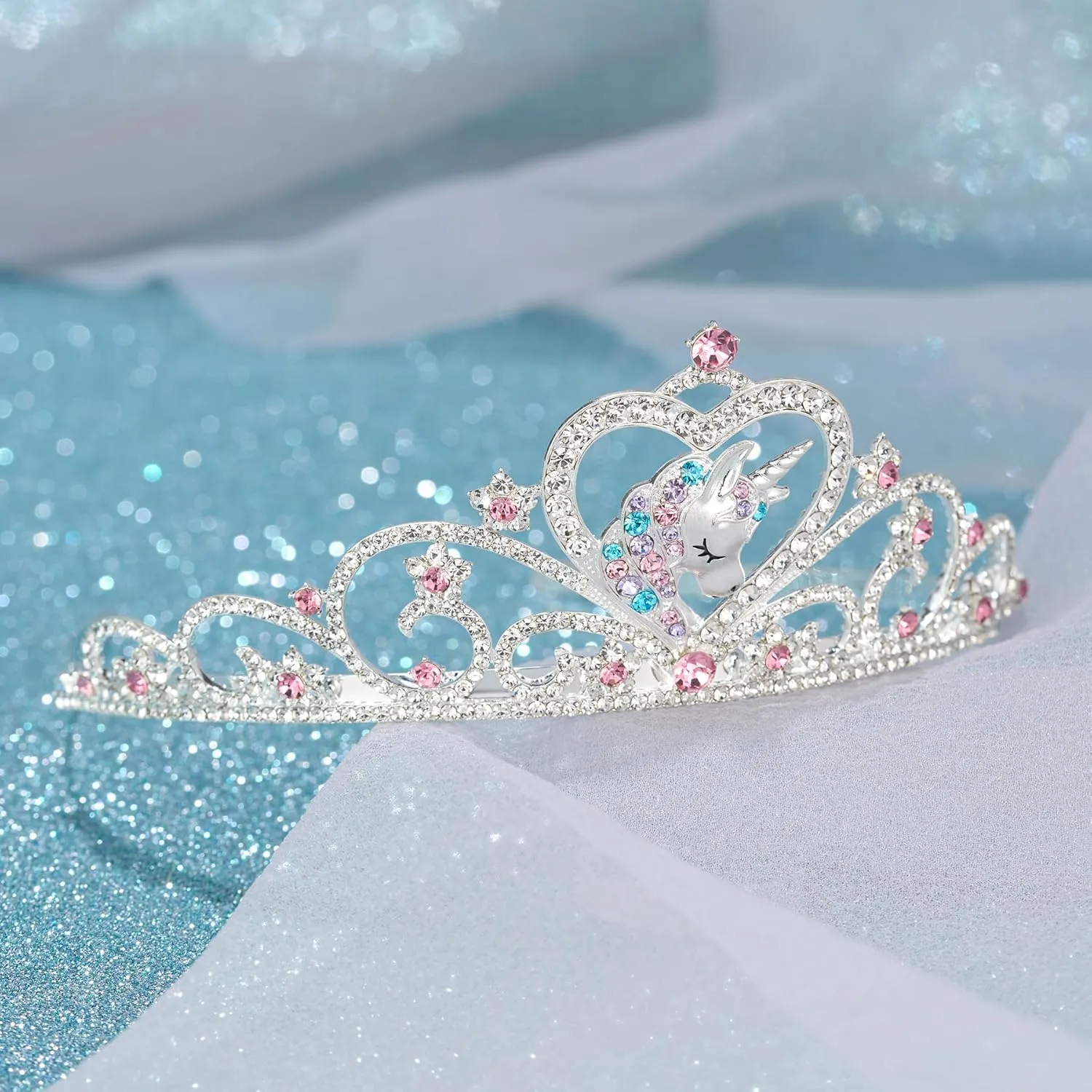 SWEETV Unicorn Princess Tiaras for Girls, Crystal Kids Crown Headband, Birthday Party Hats, Halloween Costume Hair Accessories