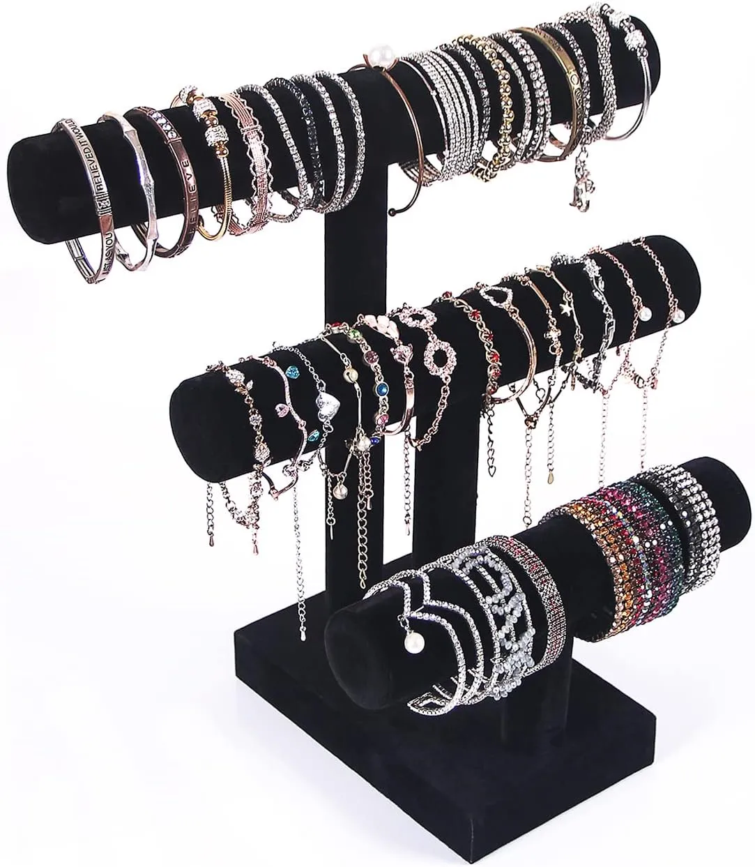 T Bar Bracelet Display Stand,Bracelet Organizer Holder,Jewelry Display Stand, Necklace Bangle Scrunchie Watch Organizer (Black, 3 tier)