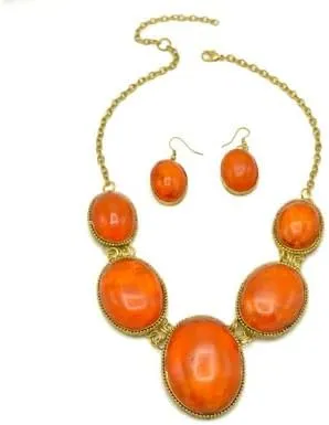 TAZZA Orange Oval Resin Stone Gold Disc Necklace And Earrings Set