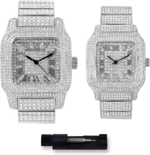 Techno Pave Luxury His & Her Iced Out Metal Band Watches, Set of 2