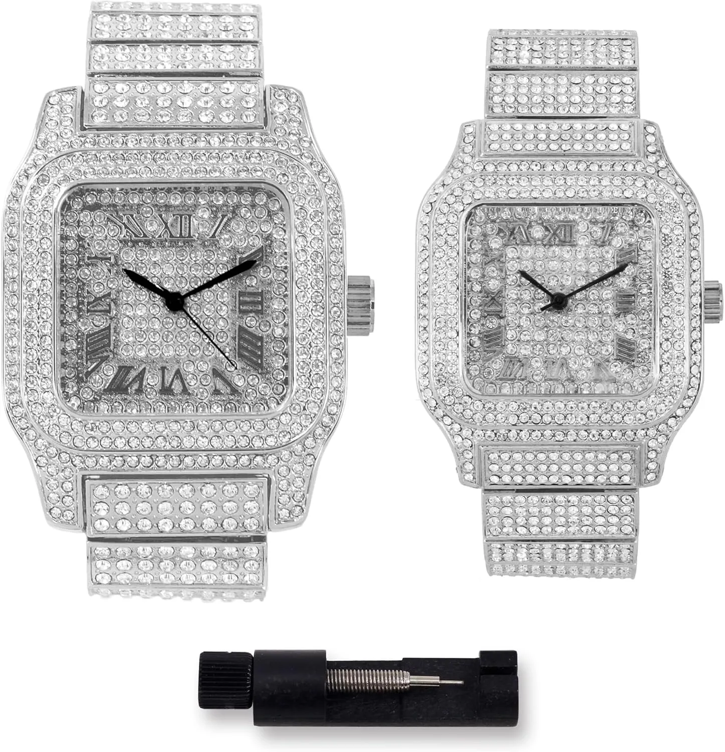 Techno Pave Luxury His & Her Iced Out Metal Band Watches, Set of 2