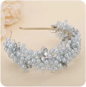 Teyglen Bridal Blue Pearl Beads Tiara Headband Crystal Wedding Hair Crown Handmade Rhinestone Headpieces Hair Accessories for Women Wedding Prom Birthday Party