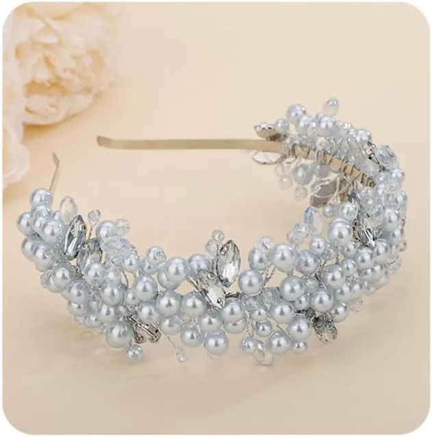 Teyglen Bridal Blue Pearl Beads Tiara Headband Crystal Wedding Hair Crown Handmade Rhinestone Headpieces Hair Accessories for Women Wedding Prom Birthday Party