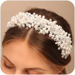 Teyglen Floral Wedding Pearl Crystal Tiara Hair Crown Vintage Pearl Rhinestone Headband Hair Pieces Bridal Crown Headpieces for Bride Hair Accessories for for Wedding Prom Birthday Party