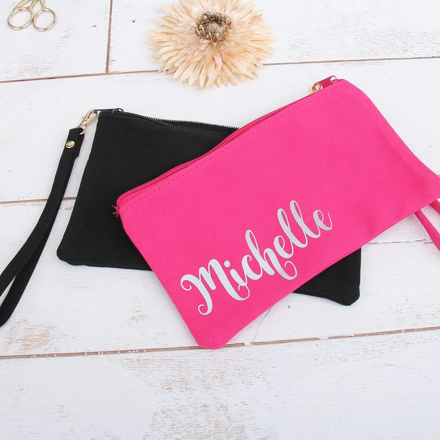 Threadart Personalized Cotton Canvas Small Wristlet Bag Make-up Organizer Makeup Bag - 100% Cotton Heavy Duty Canvas 5"x9" - White