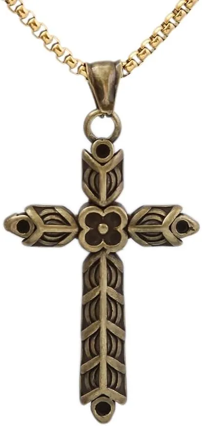 Titanium Steel Cross Necklace Flower Pendant Necklace Nordic Viking Athelstan Cross Ragnar Amulet Necklace|23.6inch