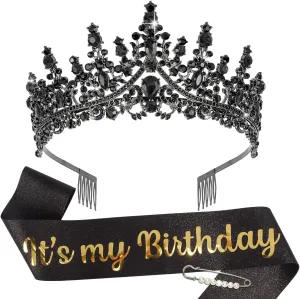 TOBATOBA Birthday Sash and Crown Set for Women Girls - Black Gold Tiara and Sash Decorations Gifts
