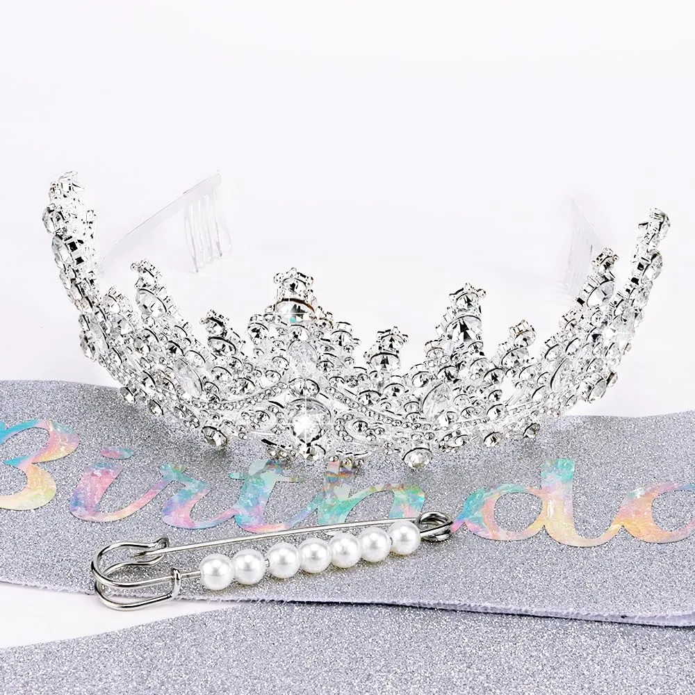 TOBATOBA It's My Birthday Sash and Crown for Women Girls - Silver Glitter Birthday Sash, Crystal Princess Tiara, Queen Crown, Quinceanera Crown