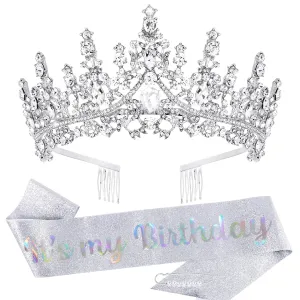 TOBATOBA It's My Birthday Sash and Crown for Women Girls - Silver Glitter Birthday Sash, Crystal Princess Tiara, Queen Crown, Quinceanera Crown