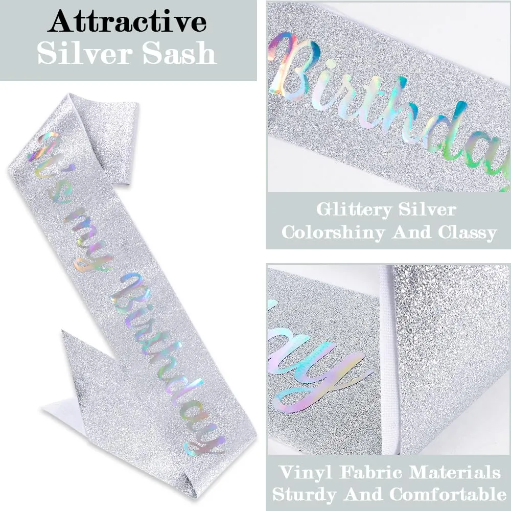 TOBATOBA It's My Birthday Sash and Crown for Women Girls - Silver Glitter Birthday Sash, Crystal Princess Tiara, Queen Crown, Quinceanera Crown
