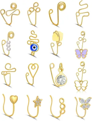 TOBENY 16-24PCS African Nose Cuffs for Women Multi-Style Faux Fake Nose Ring Non Piercing for Teen Girls Small Clip on Nose Ring Set