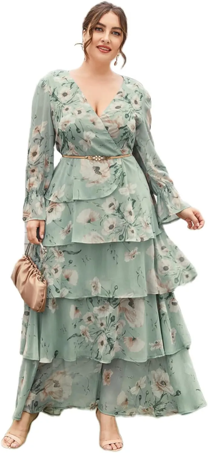 TOLEEN Women's Plus Size Dress V Neck Rose Embroidery Mesh Elegant Formal Maxi Dresses