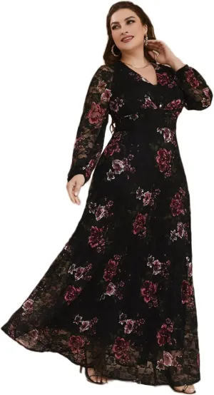 TOLEEN Women's Plus Size Dress V Neck Rose Embroidery Mesh Elegant Formal Maxi Dresses