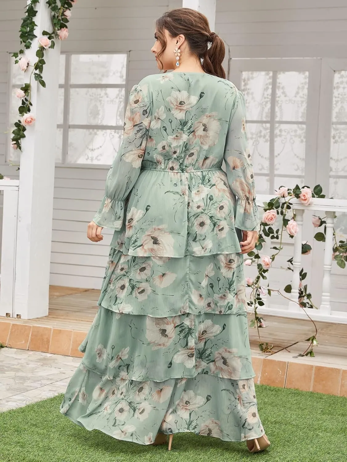 TOLEEN Women's Plus Size Dress V Neck Rose Embroidery Mesh Elegant Formal Maxi Dresses