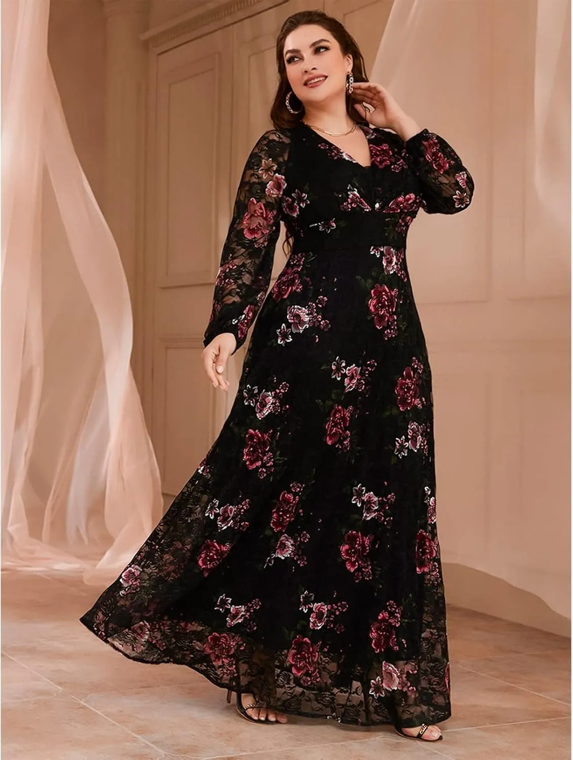 TOLEEN Women's Plus Size Dress V Neck Rose Embroidery Mesh Elegant Formal Maxi Dresses