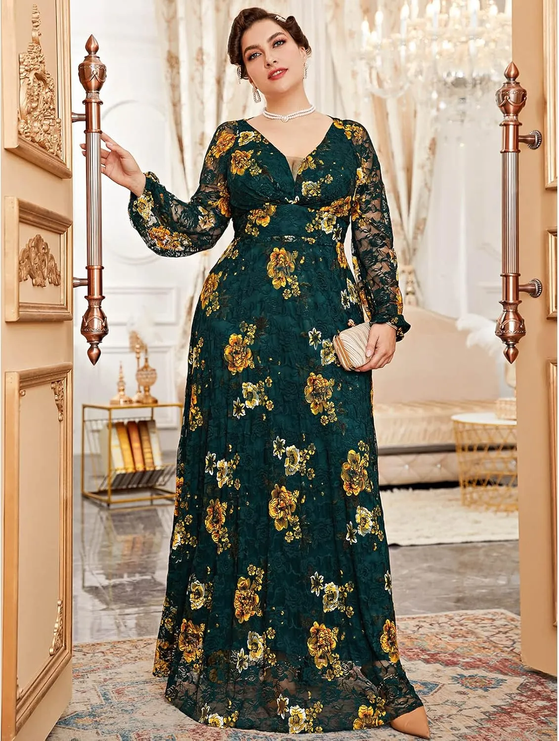 TOLEEN Women's Plus Size Dress V Neck Rose Embroidery Mesh Elegant Formal Maxi Dresses