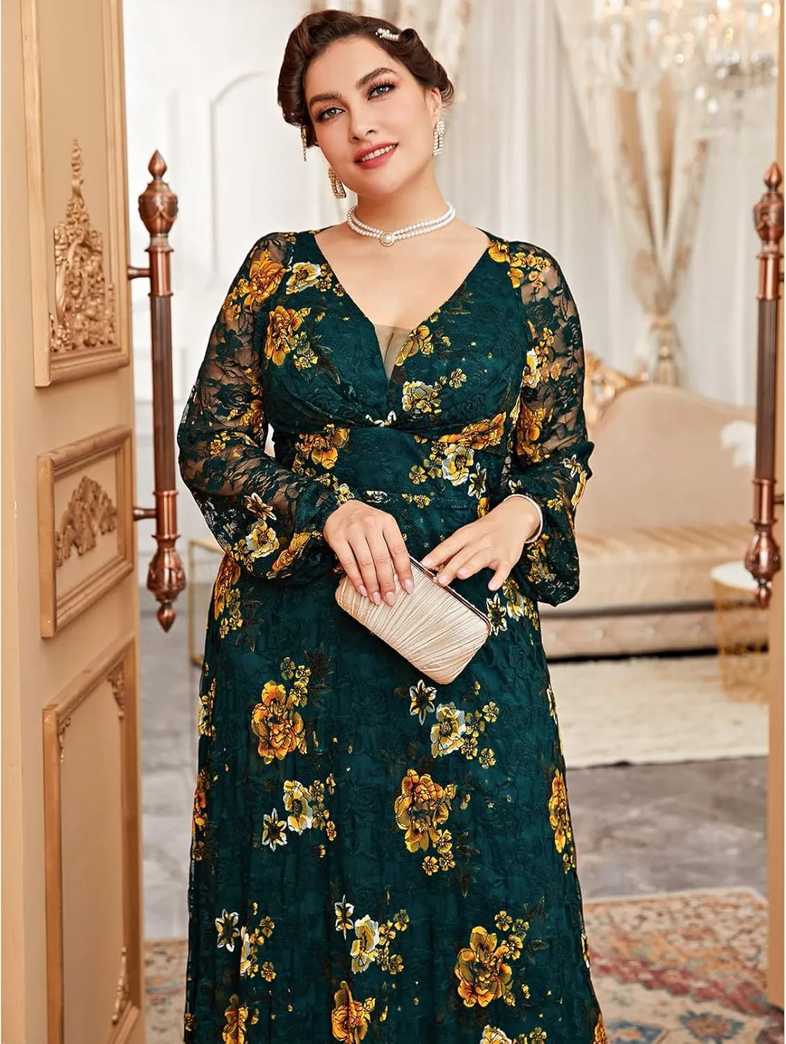 TOLEEN Women's Plus Size Dress V Neck Rose Embroidery Mesh Elegant Formal Maxi Dresses