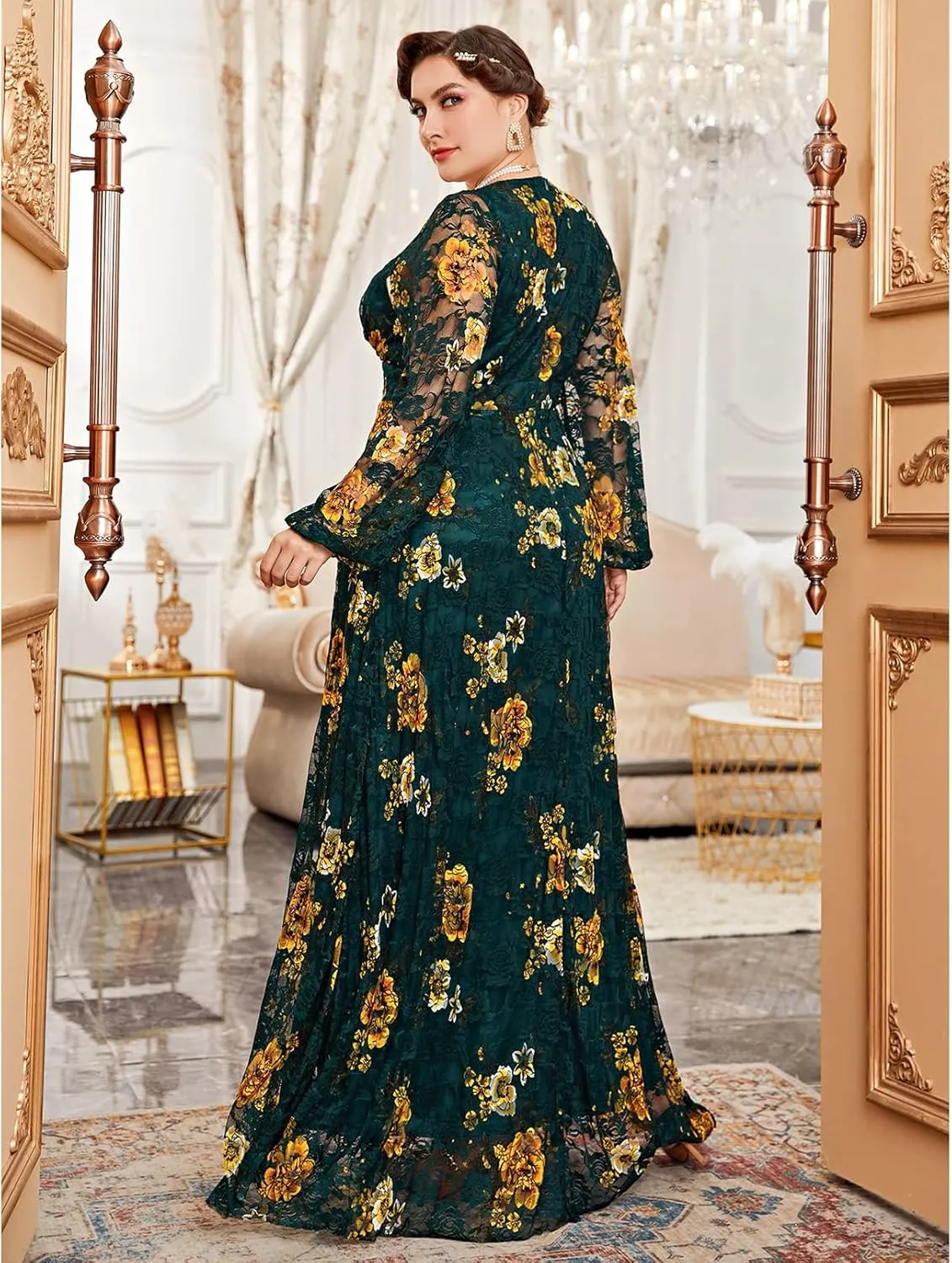 TOLEEN Women's Plus Size Dress V Neck Rose Embroidery Mesh Elegant Formal Maxi Dresses