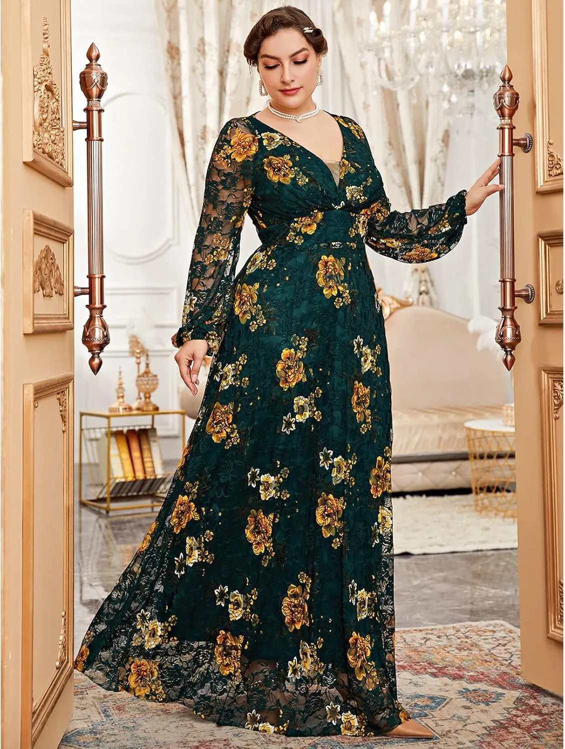 TOLEEN Women's Plus Size Dress V Neck Rose Embroidery Mesh Elegant Formal Maxi Dresses