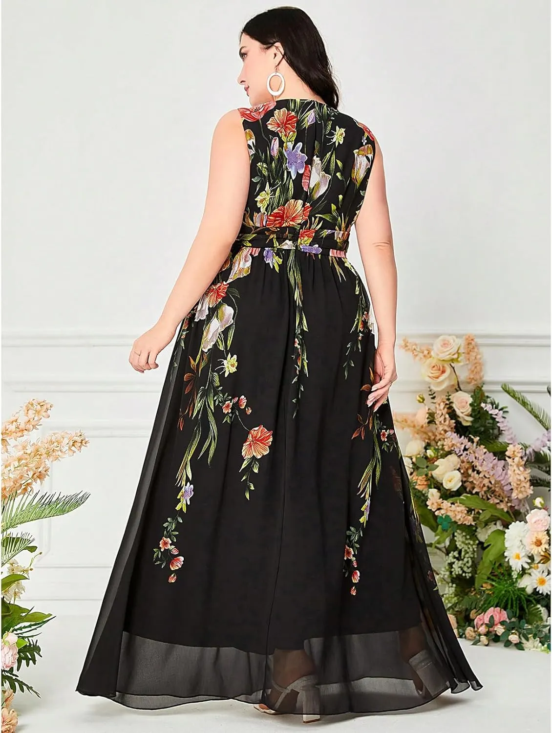 TOLEEN Women's Plus Size Dress V Neck Rose Embroidery Mesh Elegant Formal Maxi Dresses
