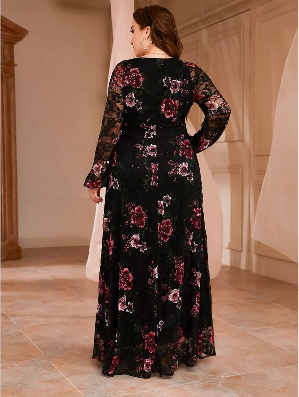 TOLEEN Women's Plus Size Dress V Neck Rose Embroidery Mesh Elegant Formal Maxi Dresses
