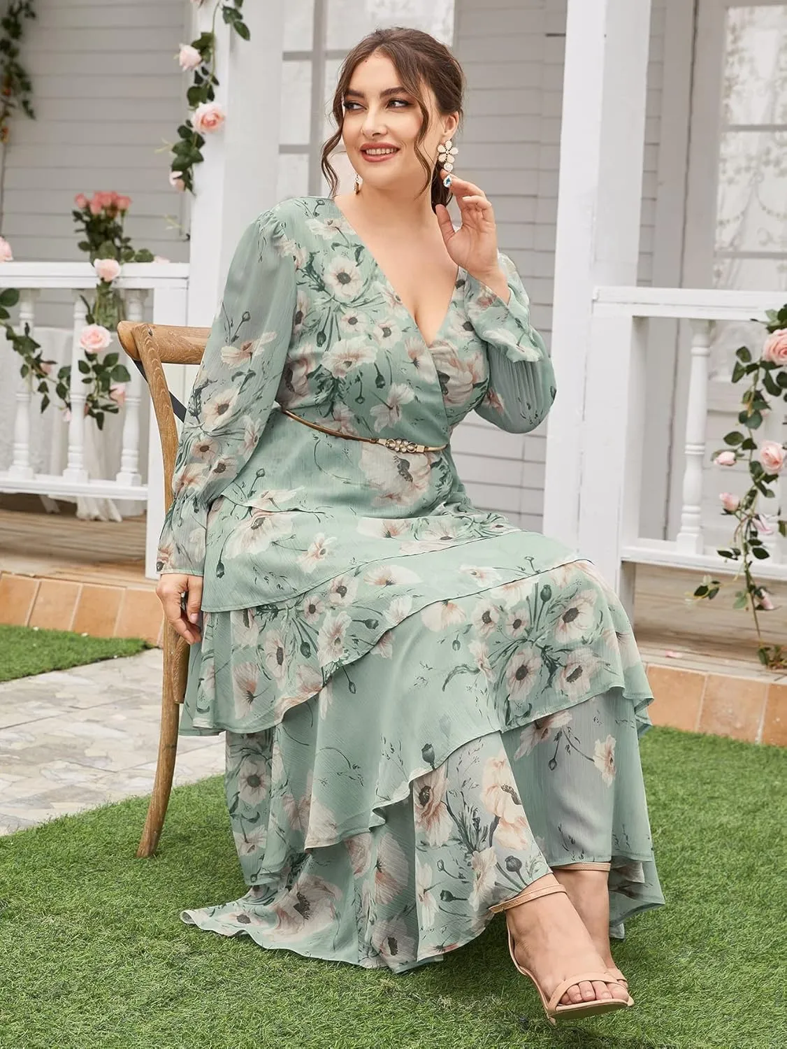 TOLEEN Women's Plus Size Dress V Neck Rose Embroidery Mesh Elegant Formal Maxi Dresses