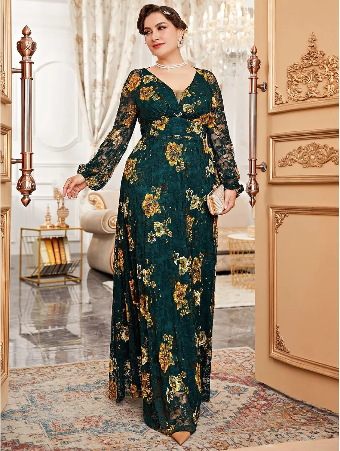TOLEEN Women's Plus Size Dress V Neck Rose Embroidery Mesh Elegant Formal Maxi Dresses