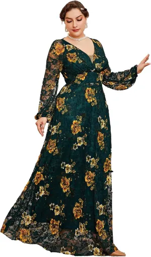 TOLEEN Women's Plus Size Dress V Neck Rose Embroidery Mesh Elegant Formal Maxi Dresses