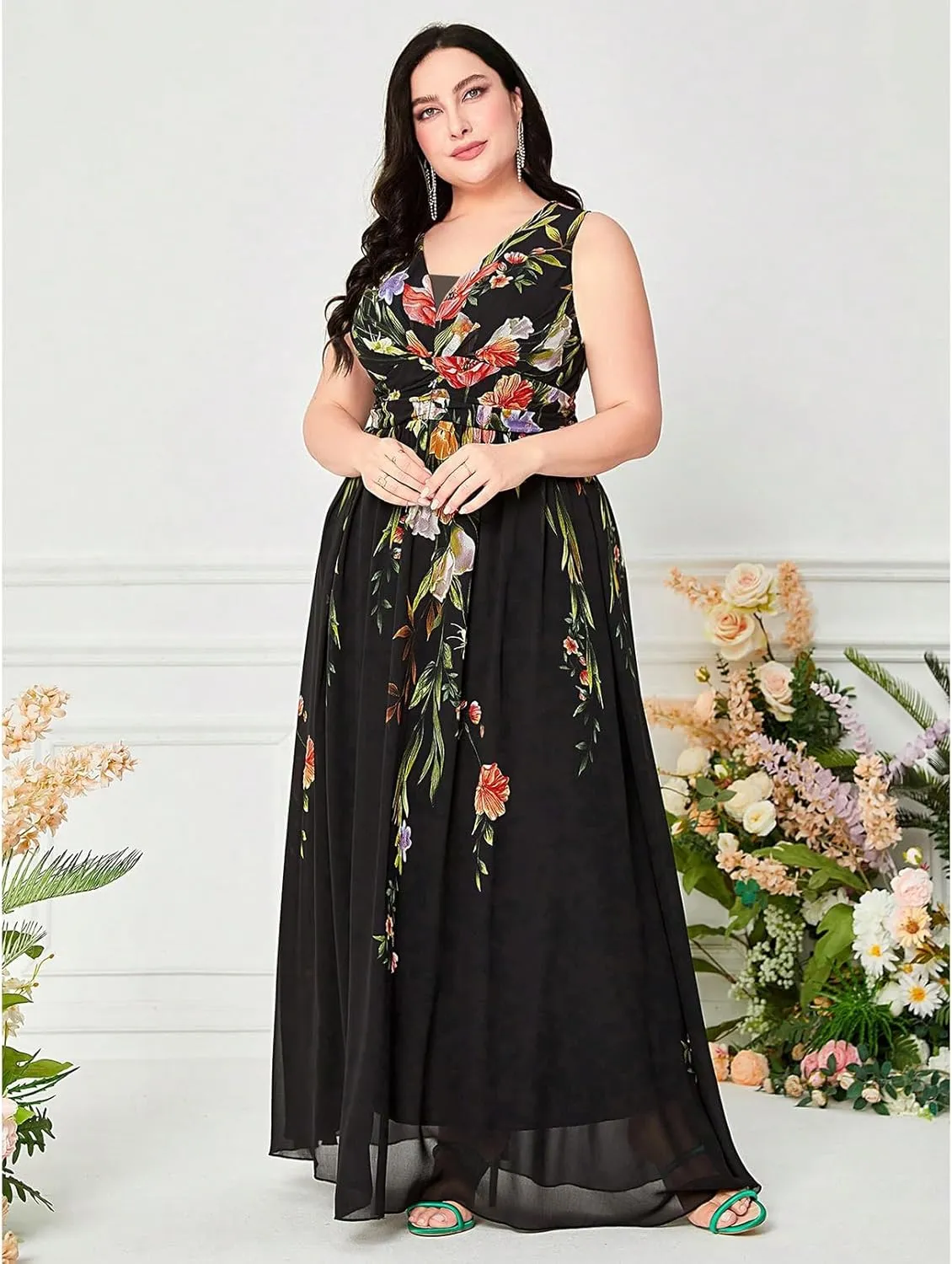 TOLEEN Women's Plus Size Dress V Neck Rose Embroidery Mesh Elegant Formal Maxi Dresses