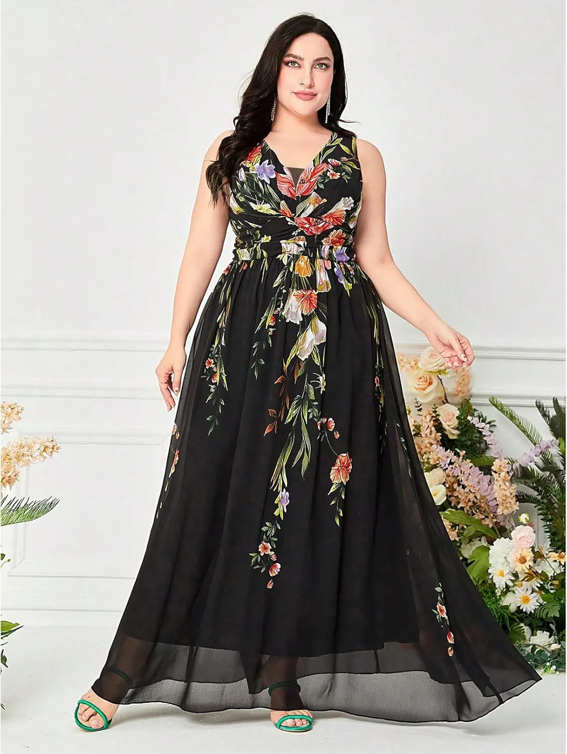 TOLEEN Women's Plus Size Dress V Neck Rose Embroidery Mesh Elegant Formal Maxi Dresses