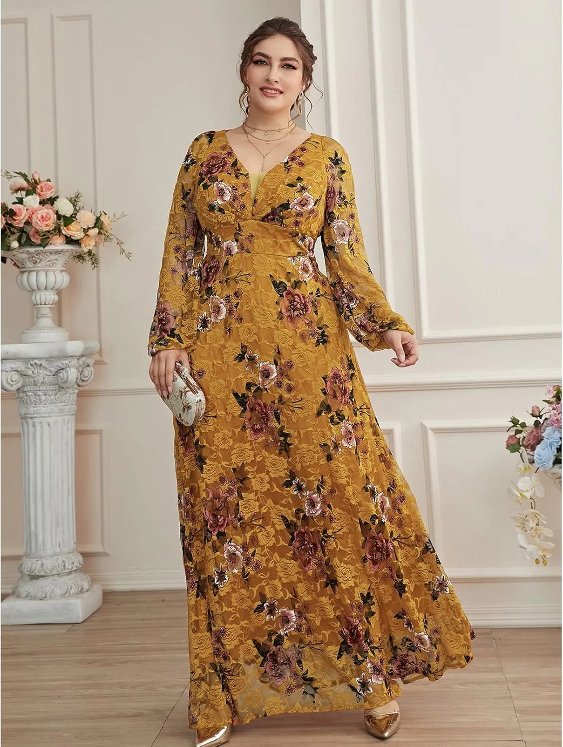TOLEEN Women's Plus Size Dress V Neck Rose Embroidery Mesh Elegant Formal Maxi Dresses