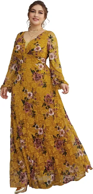 TOLEEN Women's Plus Size Dress V Neck Rose Embroidery Mesh Elegant Formal Maxi Dresses