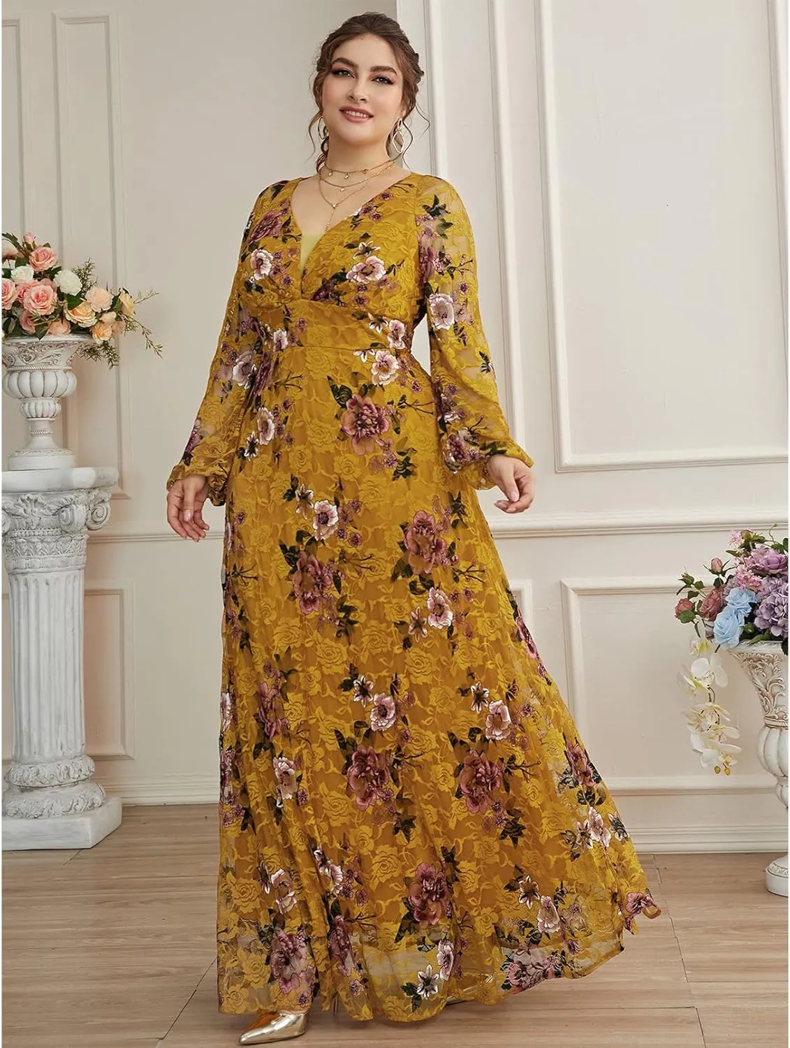 TOLEEN Women's Plus Size Dress V Neck Rose Embroidery Mesh Elegant Formal Maxi Dresses
