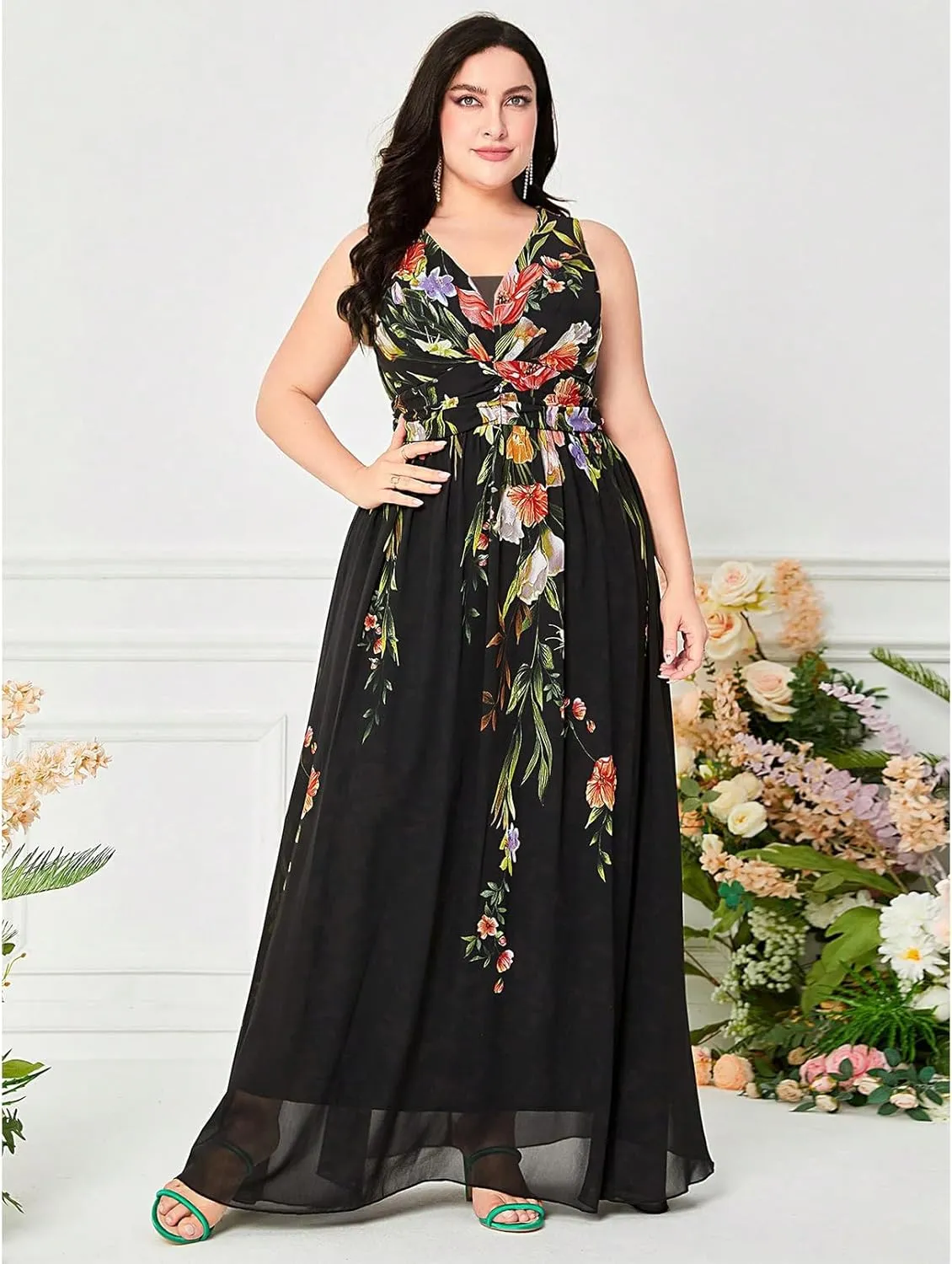 TOLEEN Women's Plus Size Dress V Neck Rose Embroidery Mesh Elegant Formal Maxi Dresses