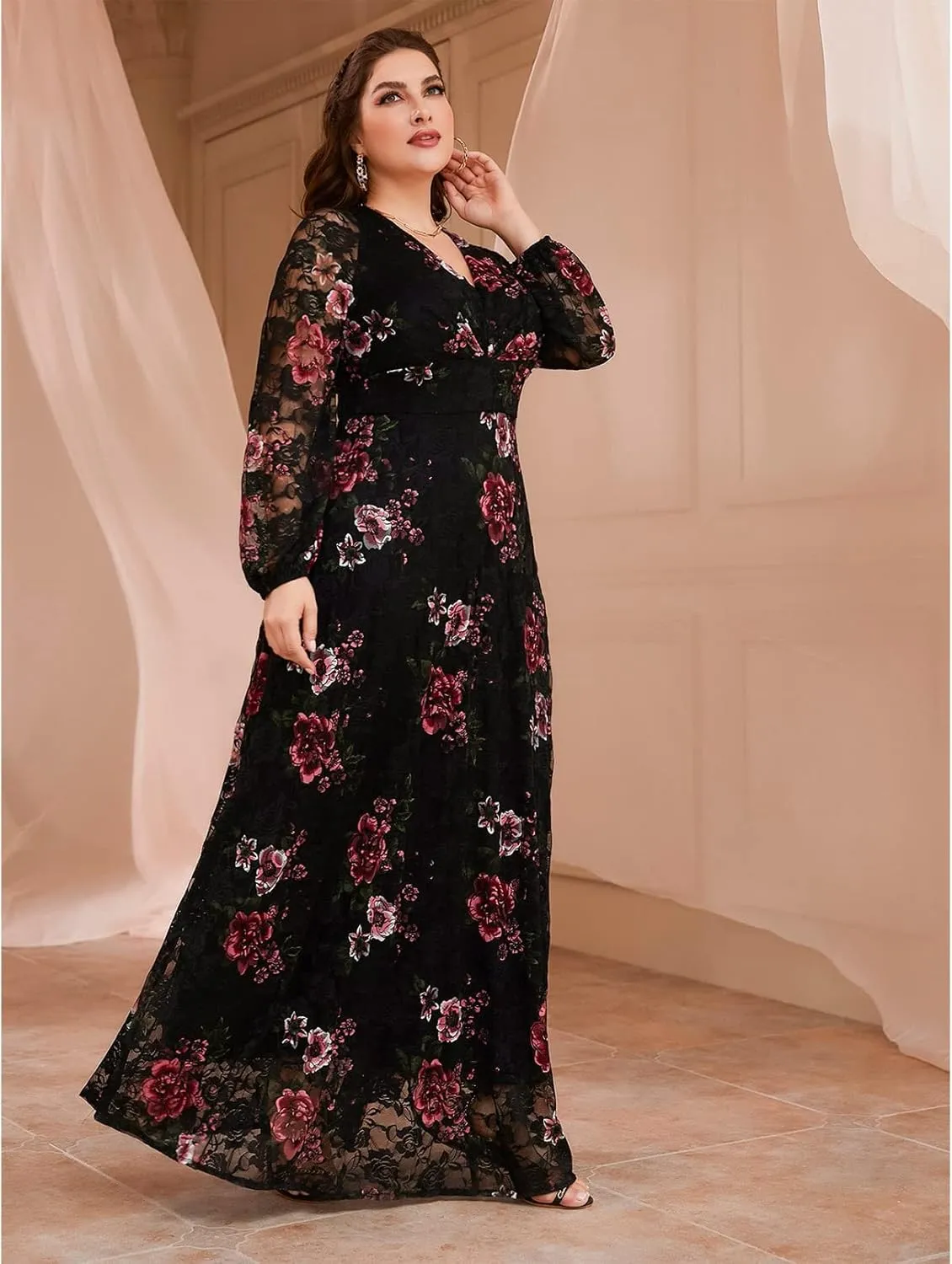 TOLEEN Women's Plus Size Dress V Neck Rose Embroidery Mesh Elegant Formal Maxi Dresses