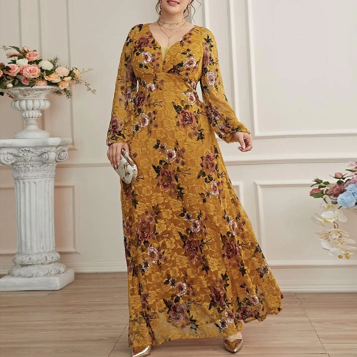 TOLEEN Women's Plus Size Dress V Neck Rose Embroidery Mesh Elegant Formal Maxi Dresses