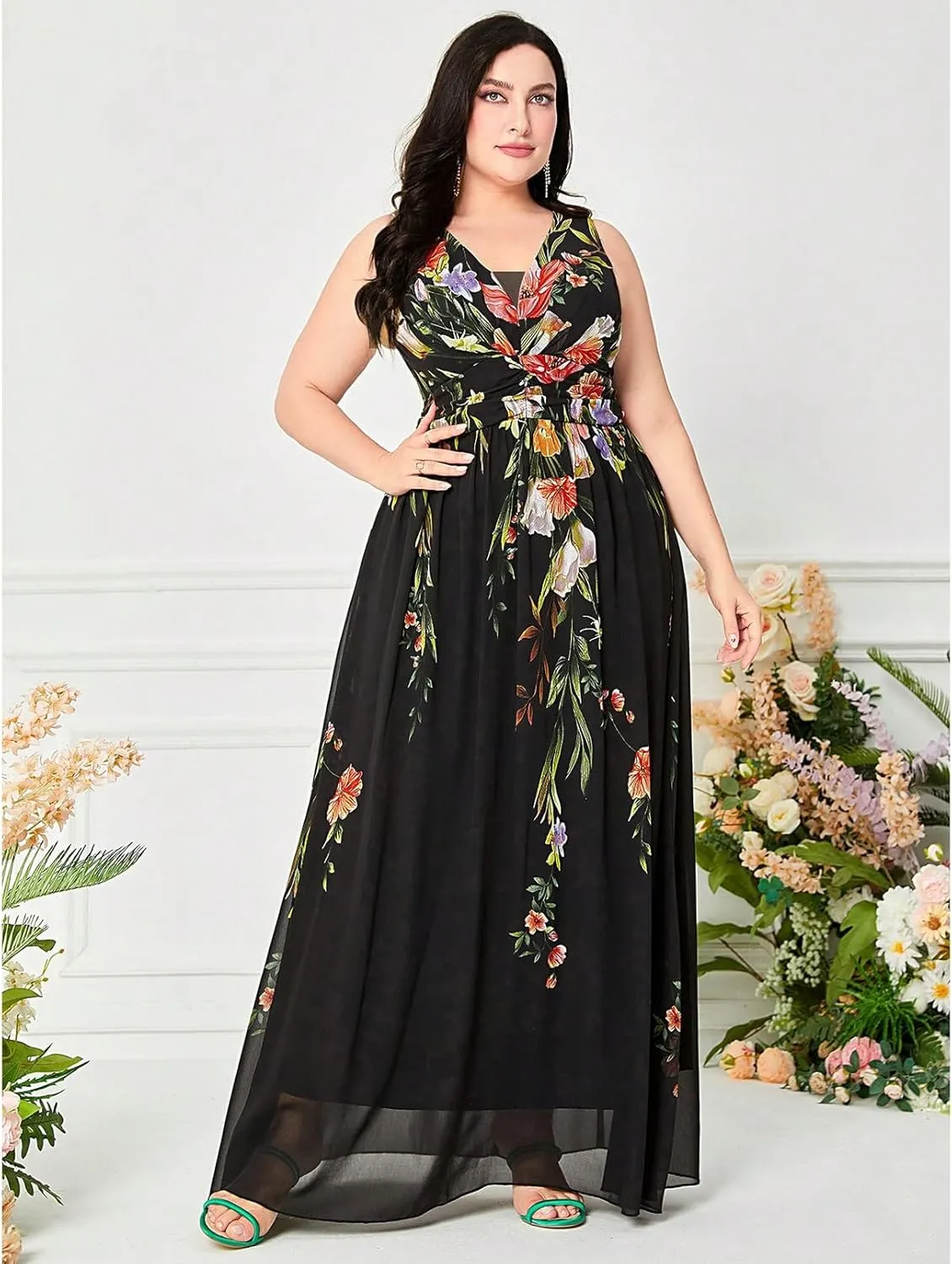 TOLEEN Women's Plus Size Dress V Neck Rose Embroidery Mesh Elegant Formal Maxi Dresses